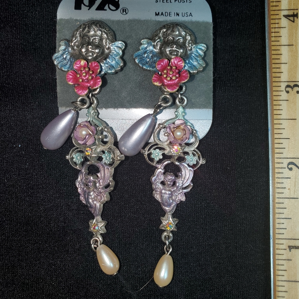 Vintage 1928 Hand painted chandelier style angle post earrings 2 pk